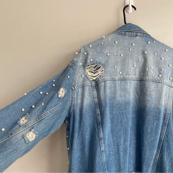 Free People Sunday Funday Blue Oversized Pearl Denim Jacket Distressed Slouchy - Picture 8 of 10
